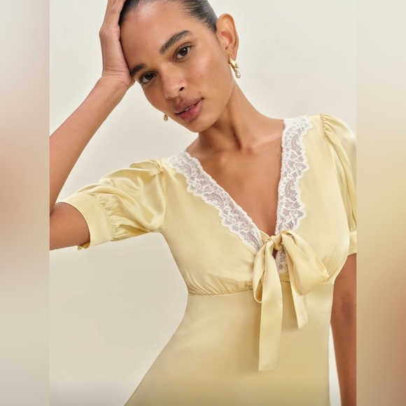 New Reformation Avin Silk Mini Dress Blonde - Picture 3 of 16